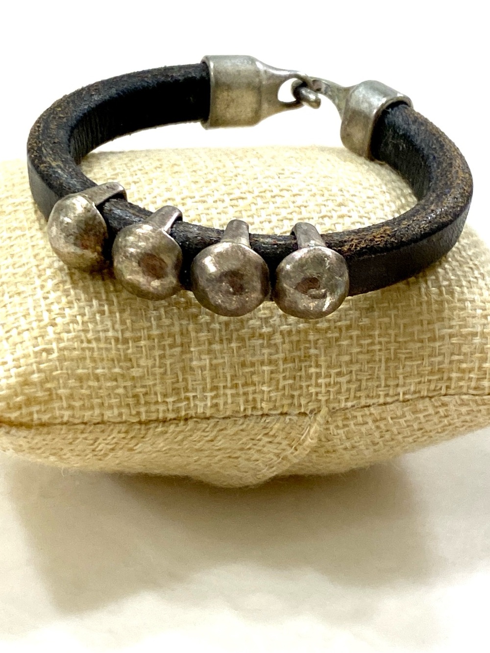 Vintage Black Leather Bracelet with Silver Stud Accents